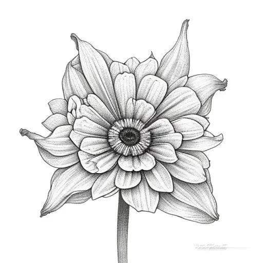 Larkspur, Daisy, Morning Glory, Crysanthemum, Paperwhite bouquet tattoo design idea