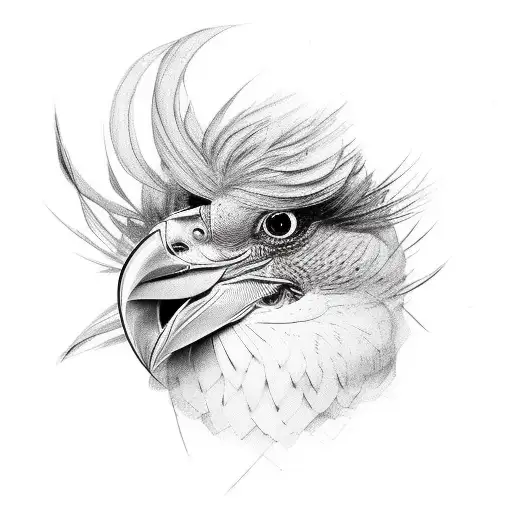 Red feathered bird head transforming into woman's face tattoo design idea