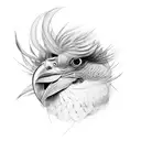 Red feathered bird head transforming into woman's face tattoo design idea