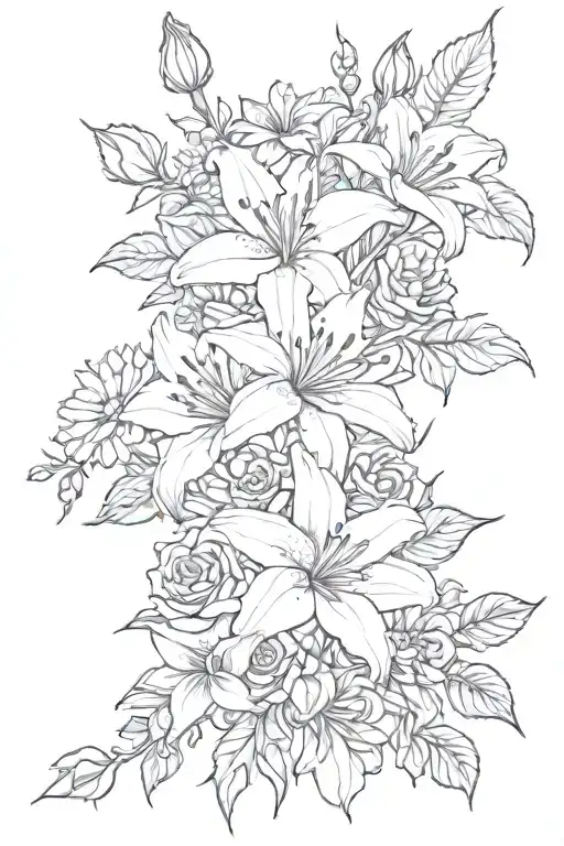 a flower bouquet of Lillies, roses, daisies, asters and morning glories growing sideways  tattoo design idea
