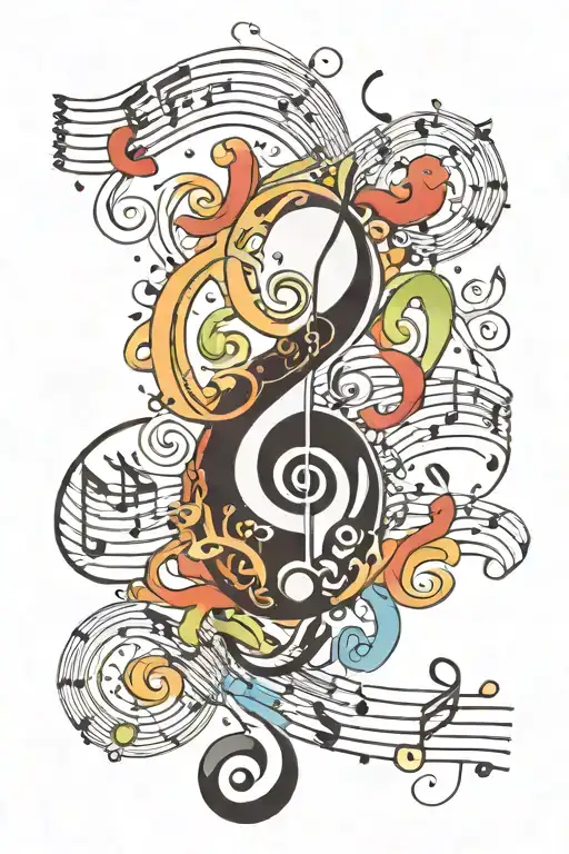 ying yang symbol surrounded by music notes floating tattoo design idea