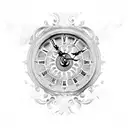 A clock face with Roman numerals and delicate filigree patterns tattoo design idea