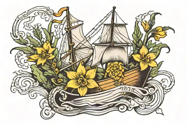 small boat with sails, daffodil and thistle intertwined tattoo design idea