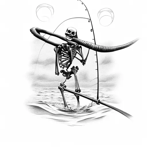 A fishing scene with a skeleton fisherman catching a mythical creature from the depths tattoo design idea