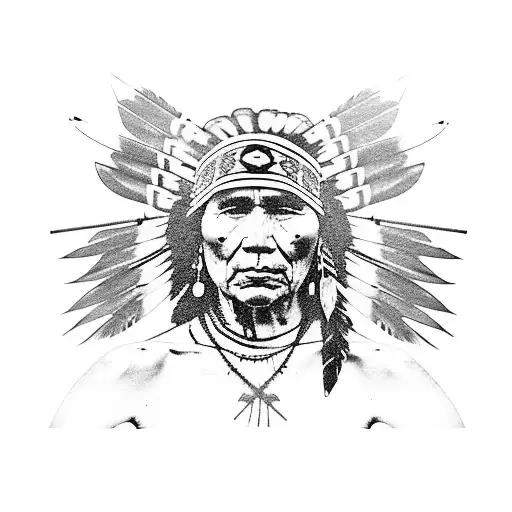 A Native American warrior wearing a headdress, holding a bow and arrow, with a backdrop of a sunset over the mountains tattoo design idea