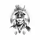 A Native American warrior wearing a headdress, holding a bow and arrow, with a backdrop of a sunset over the mountains tattoo design idea