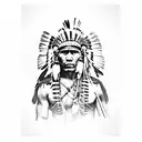 A Native American warrior wearing a headdress, holding a bow and arrow, with a backdrop of a sunset over the mountains tattoo design idea