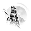 A Native American warrior wearing a headdress, holding a bow and arrow, with a backdrop of a sunset over the mountains tattoo design idea