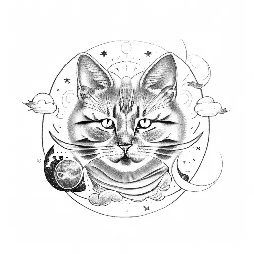 A celestial cat with a radiant sun as its eyes tattoo design idea