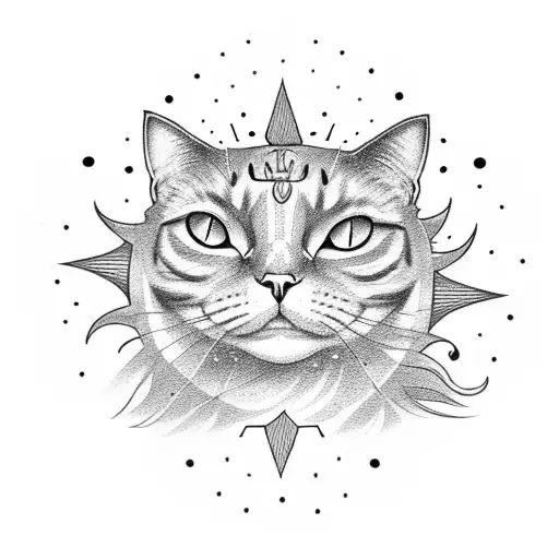 A sun-shaped cat constellation surrounded by swirling smoke tattoo design idea