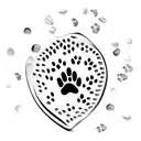 A simple and elegant design of your dog's paw print surrounded by tiny seashells, capturing your love for your pet and the beach. tattoo design idea