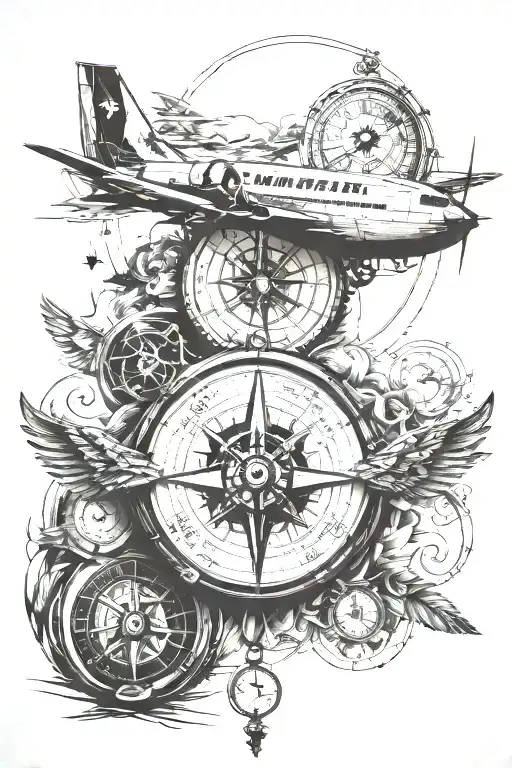 aviation, compass, clock, travel, dog, dates, full sleeve. tattoo design idea