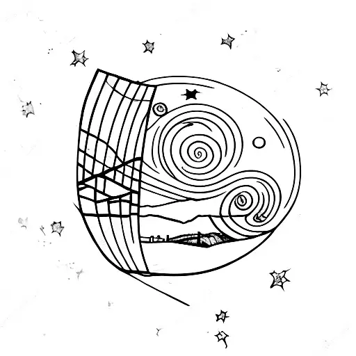 wine glass filled with starry night by Van Gogh tattoo design idea