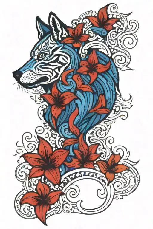 mixture of blue and red tiger lily flower  with mendhi designs and wolf tattoo design idea