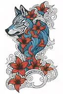 mixture of blue and red tiger lily flower  with mendhi designs and wolf tattoo design idea