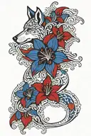 mixture of blue and red tiger lily flower  with mendhi designs and wolf tattoo design idea