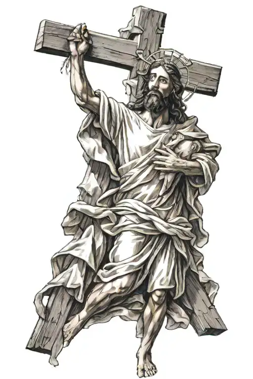 jesus carrying the cross and the virgin marry in the background tattoo design idea