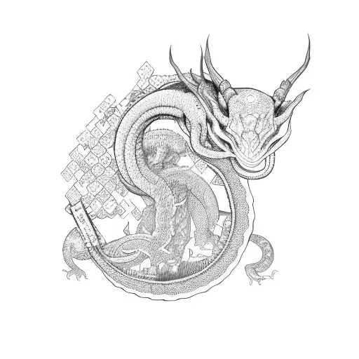 ouroborus tetris blocks body black and white tattoo design idea