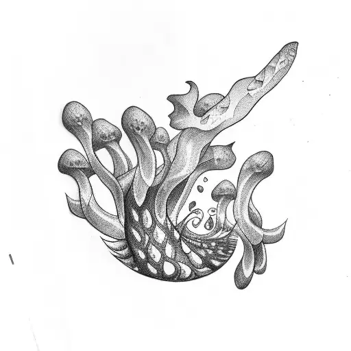 morel mushroom with fish and letter B tattoo design idea