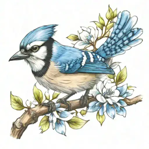 blue jay perched on a branch with habisquis bloom tattoo design idea