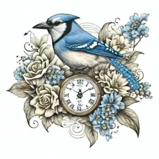 blue jay perched on habisquis flower surrounded my music notes tattoo design idea
