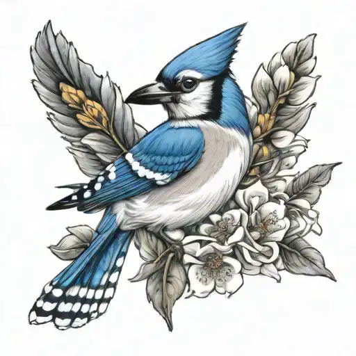 blue jay perched on habisquis flower surrounded tattoo design idea