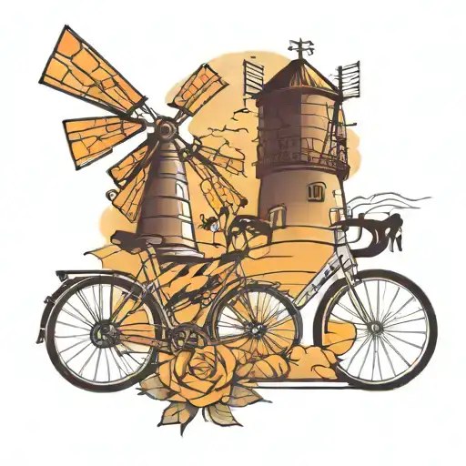 road bike and windmill tower with sunset tattoo design idea