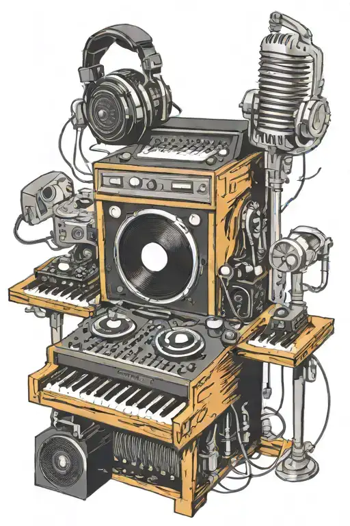 DJ console, microphone, headphones, LP record player, piano keyboard, audio equipment tattoo design idea