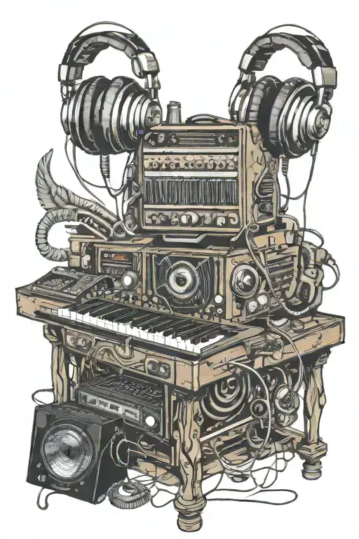 DJ console, microphone, headphones, LP record player, piano keyboard, audio equipment tattoo design idea