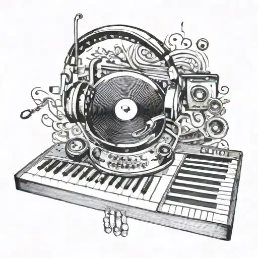 audio console, headphones, plays lp vinyl record, piano keyboard, microphone tattoo design idea