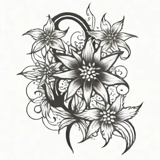 edelweiss flower transforming into a music note through a broken glass tattoo design idea