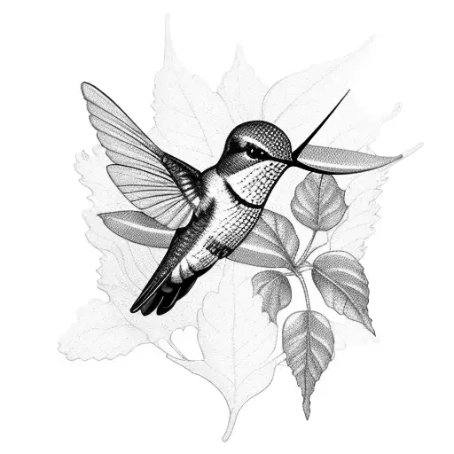 A blackwork tattoo of a hummingbird perched on a delicate branch with intricate leaf patterns tattoo design idea
