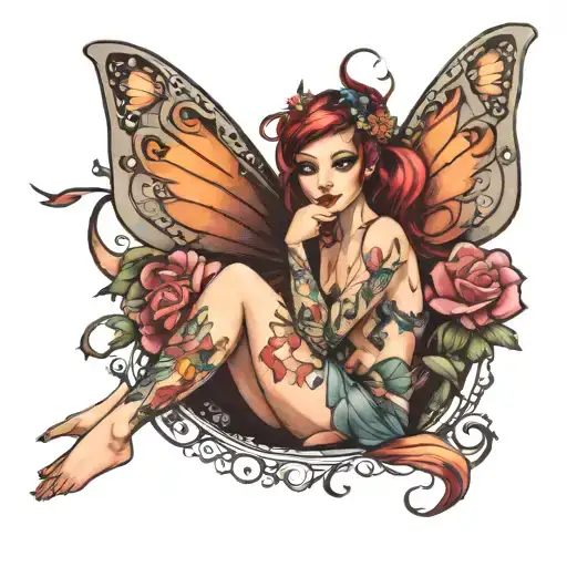 nude fairy pinup girl tattoo design idea