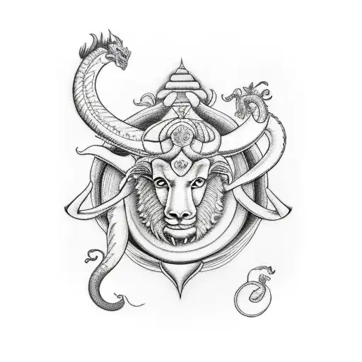 capricorn with monkey and dragon around it tattoo design idea