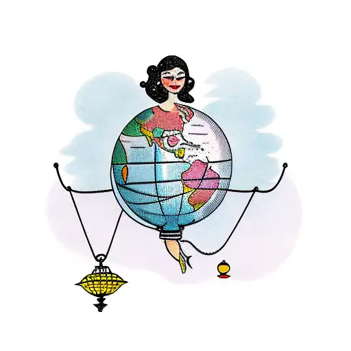 a woman in a swing hanging from a world globe with the following phrase " the whole world or nothing"  tattoo design idea