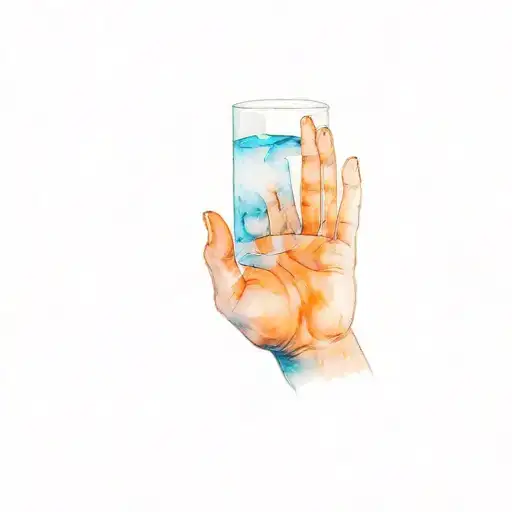 glass half full half empty blue water grey ice on palm of hand  tattoo design idea