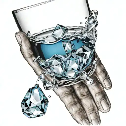 glass half full half empty blue water grey ice on palm of hand  tattoo design idea