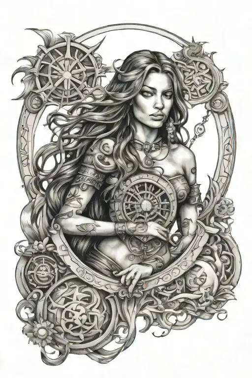 a mystical woman of the sign of Sagittarius with long hair and the symbols of the zodiac behind. tattoo design idea