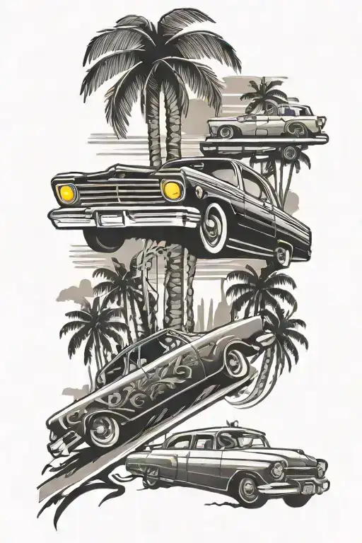 lowrider and palm trees tattoo design idea