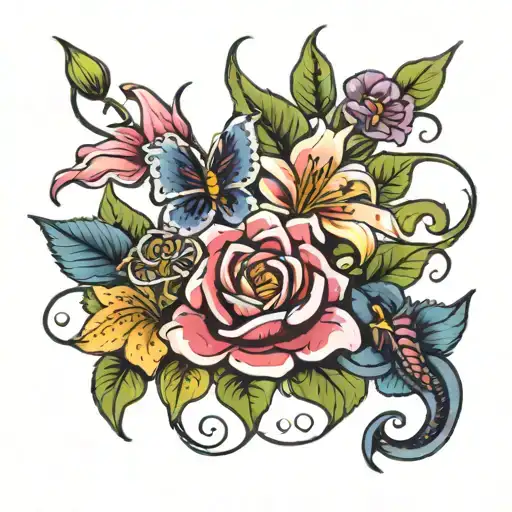 roses and lilies tattoo design idea
