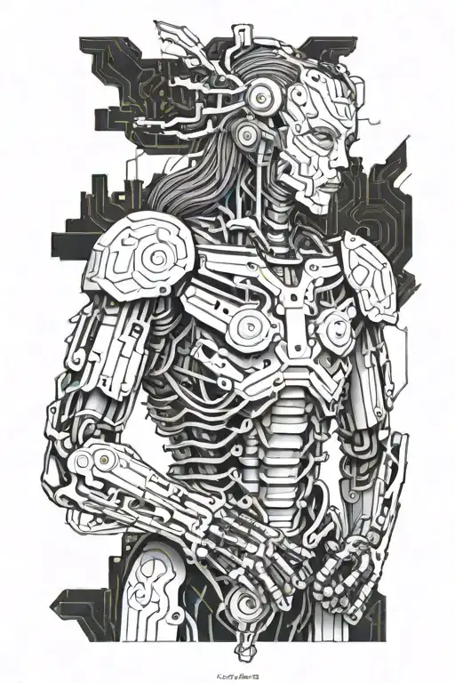 A robotic Jesus with intricate circuitry and micro controllers integrated into the design tattoo design idea