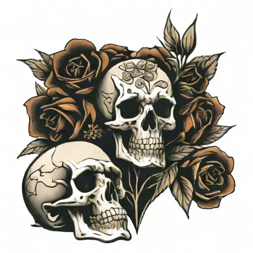 SKULL AND FLOWERS AND WHISKEY BOTTLE tattoo design idea