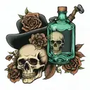 SKULL AND FLOWERS AND WHISKEY BOTTLE tattoo design idea