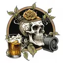 SKULL AND FLOWERS AND WHISKEY BOTTLE tattoo design idea