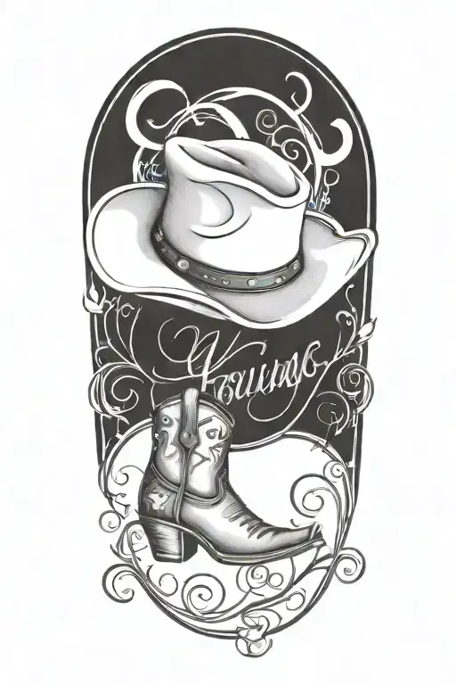 A tattoo design featuring a silhouette of a cowboy hat and boots, surrounded by musical notes to represent your love for country music and family tattoo design idea