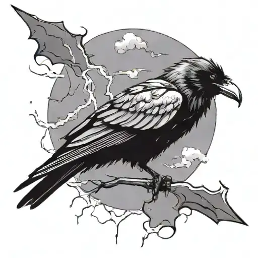 raven with a lightning bolt and dark clouds with the word Trickster  tattoo design idea