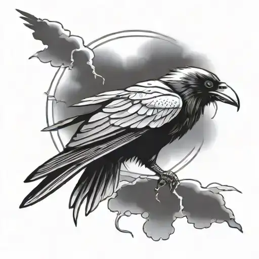 raven with a lightning bolt and dark clouds with the word Trickster  tattoo design idea
