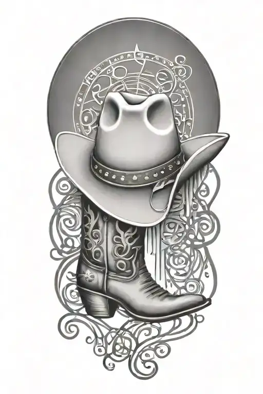 A tattoo design featuring a silhouette of a cowboy hat and boots, surrounded by musical notes to represent your love for country music and family tattoo design idea