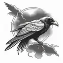 raven with a lightning bolt and dark clouds with the word Trickster  tattoo design idea