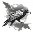 raven with a lightning bolt and dark clouds with the word Trickster  tattoo design idea